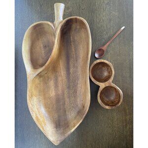 Divided leaf-shaped teak wood bowl dish w/ 2-section condiment server and spoon